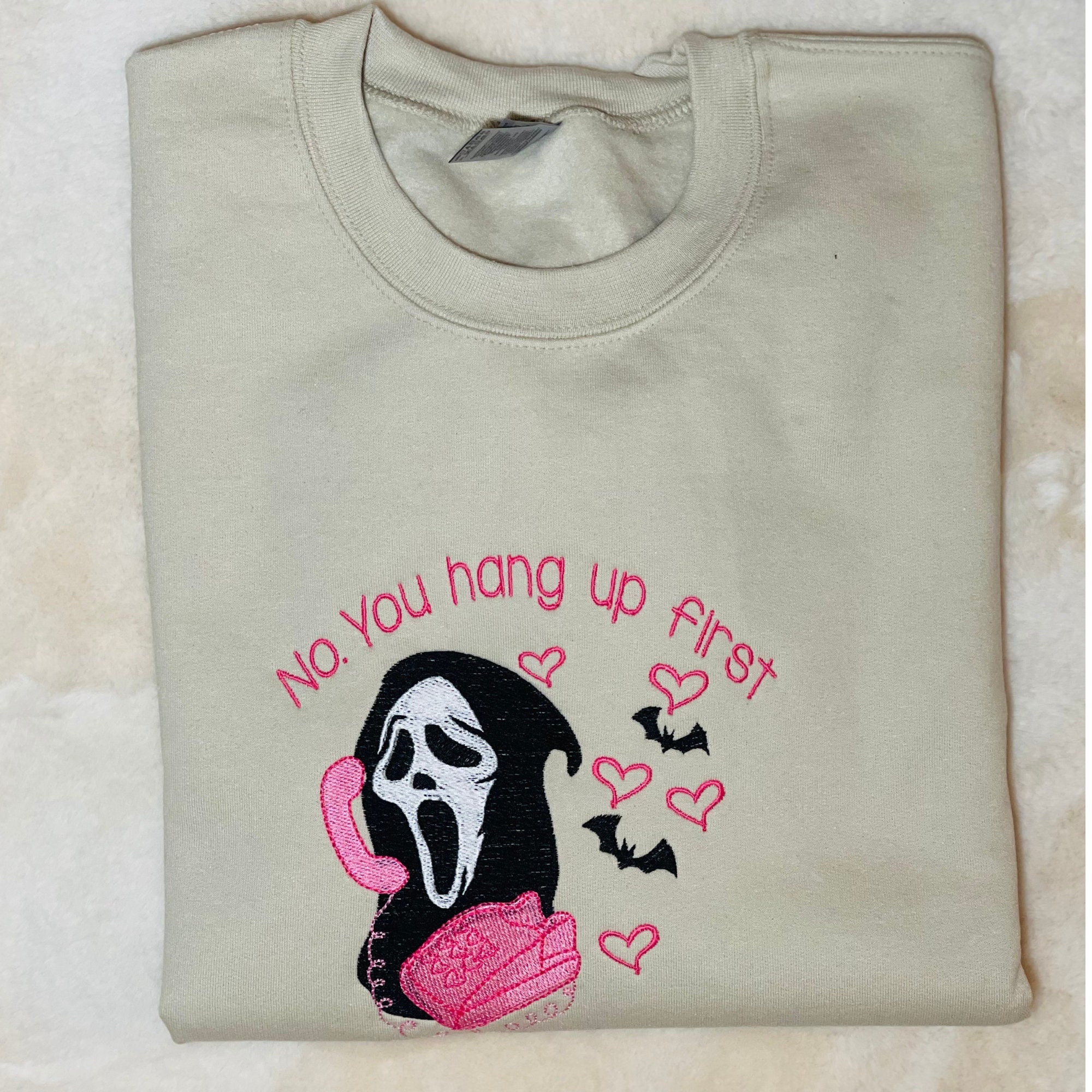 Ghost Face Scream NO You Hang Up First Embroidered Sweatshirt Ghost Face Scream NO You Hang Up First Embroidered Sweatshirt