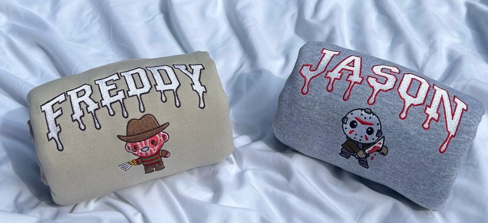 Custom Embroidery Halloween Freddy Jason Crewneck Sweatshirt Custom Embroidery Halloween Freddy Jason Crewneck Sweatshirt