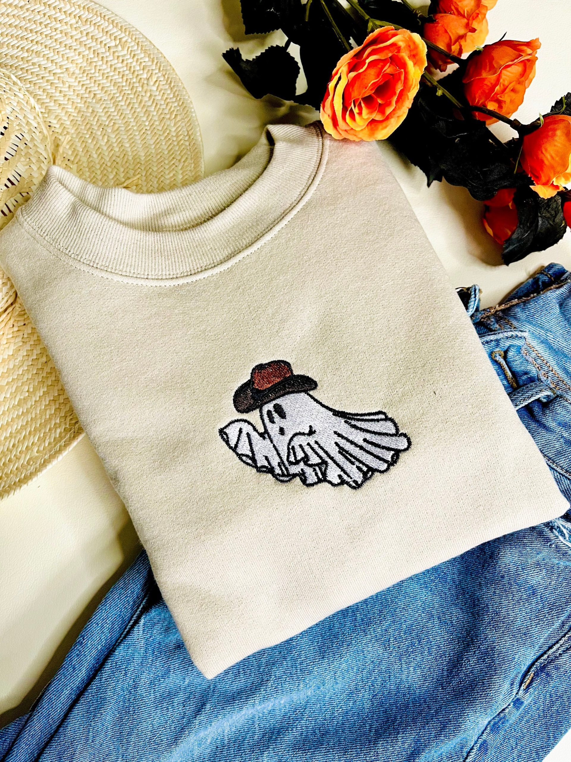 Western Ghost Embroidered Sweatshirt Crewneck Cowboy Western Ghost Embroidered Sweatshirt Crewneck Cowboy