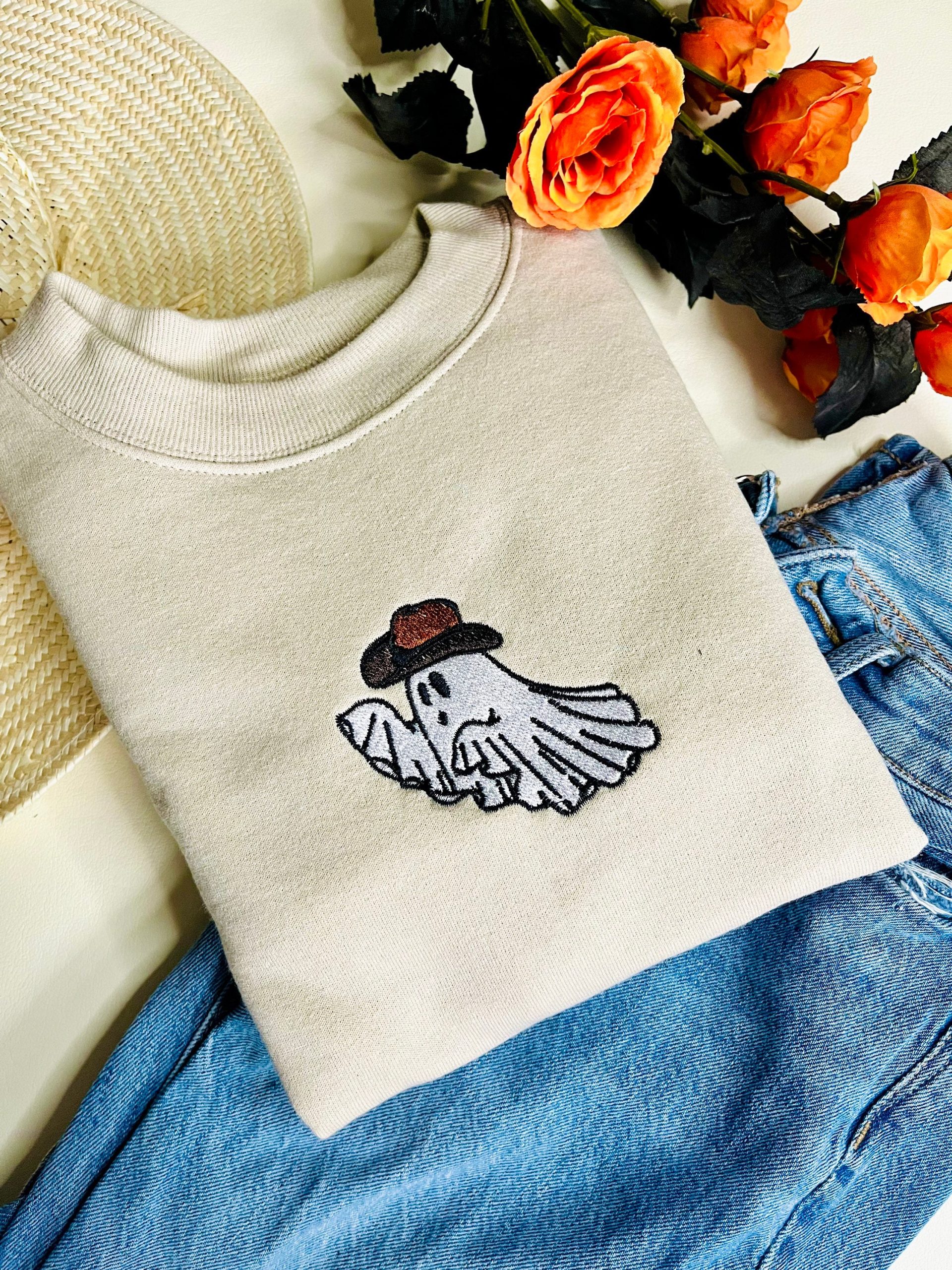 Western Ghost Embroidered Sweatshirt Crewneck Cowboy Western Ghost Embroidered Sweatshirt Crewneck Cowboy