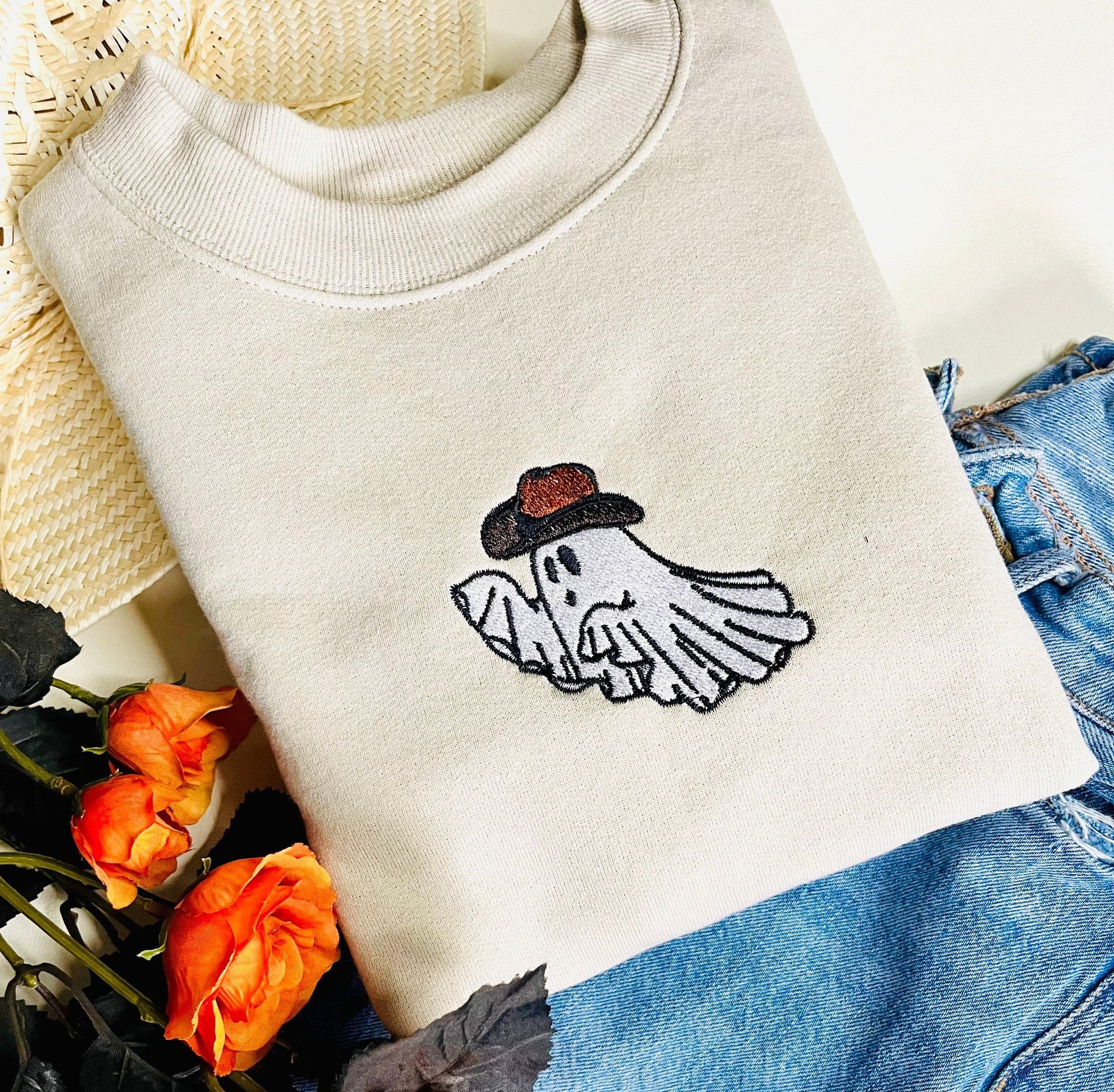 Western Ghost Embroidered Sweatshirt Crewneck Cowboy Western Ghost Embroidered Sweatshirt Crewneck Cowboy