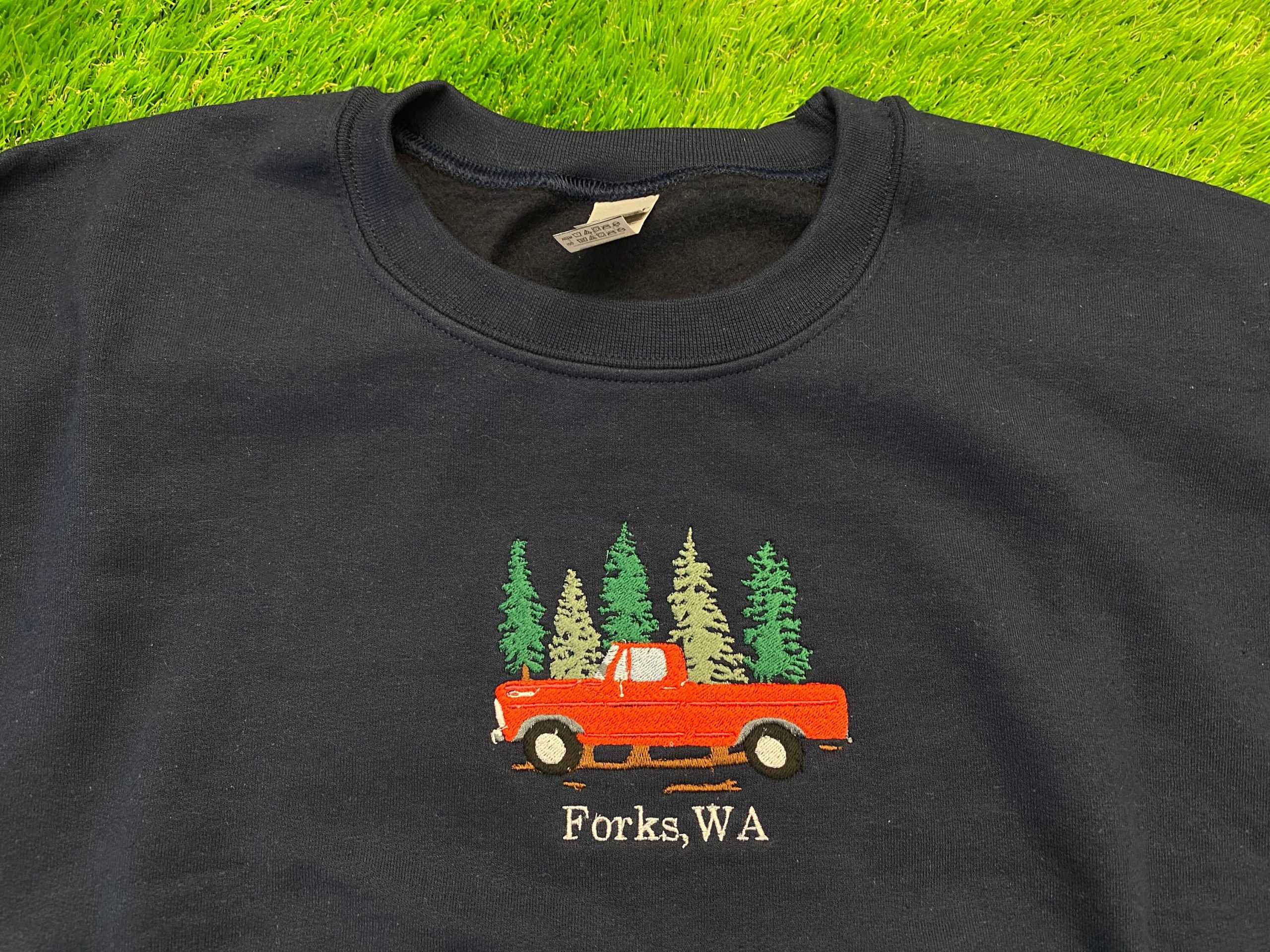 Forks Washington Red Truck Embroidered Crewneck Forks Washington Red Truck Embroidered Crewneck