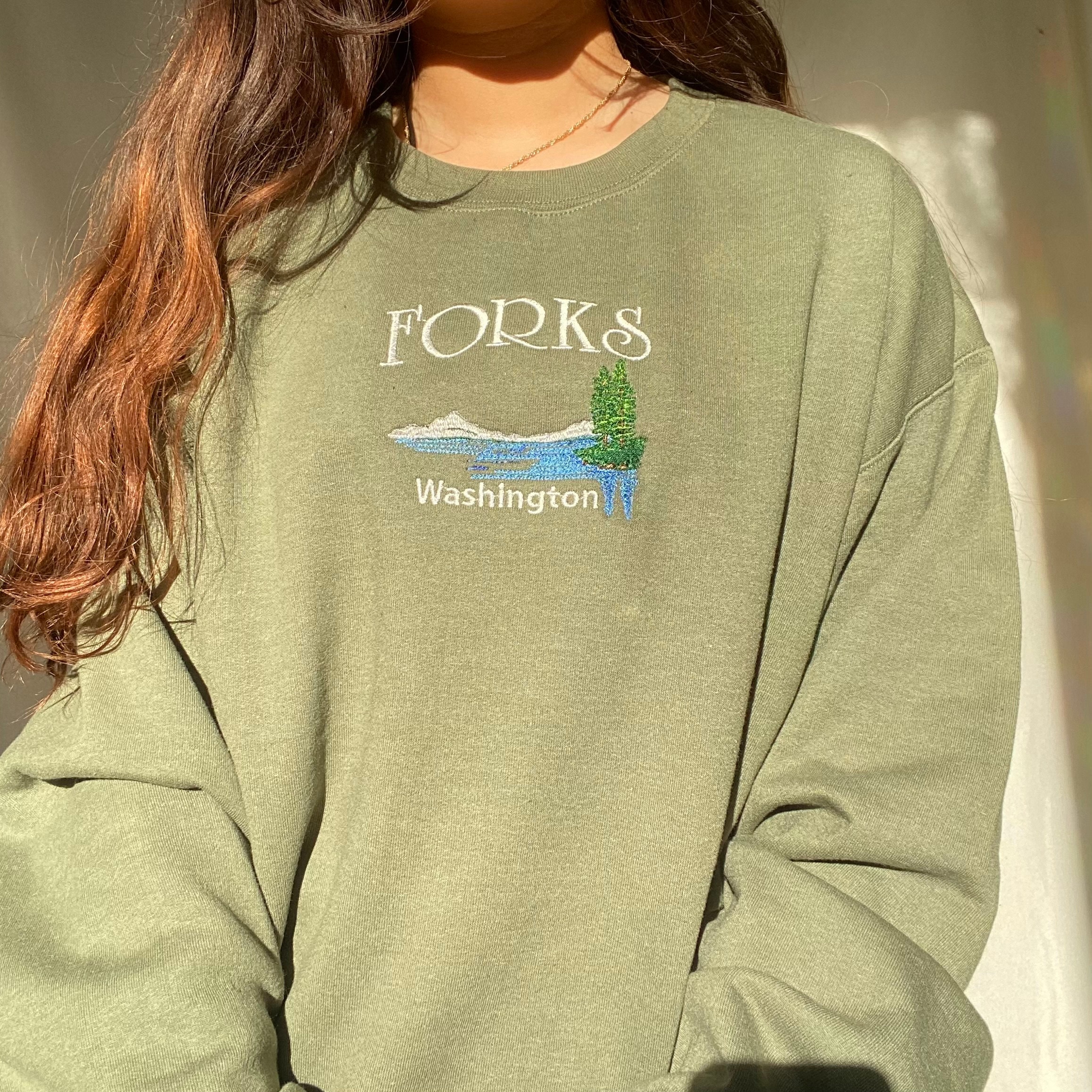 Forks Washington Twilight Saga Embroidered Crewneck Forks Washington Twilight Saga Embroidered Crewneck