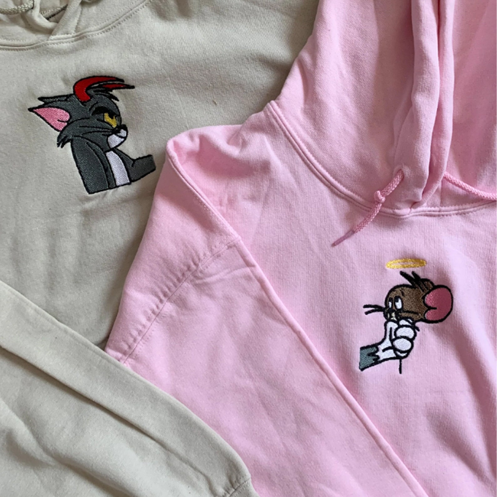 Custom Tom And Jerry Matching Couple Embroidered Sweatshirt Hoodie Custom Tom And Jerry Matching Couple Embroidered Sweatshirt Hoodie