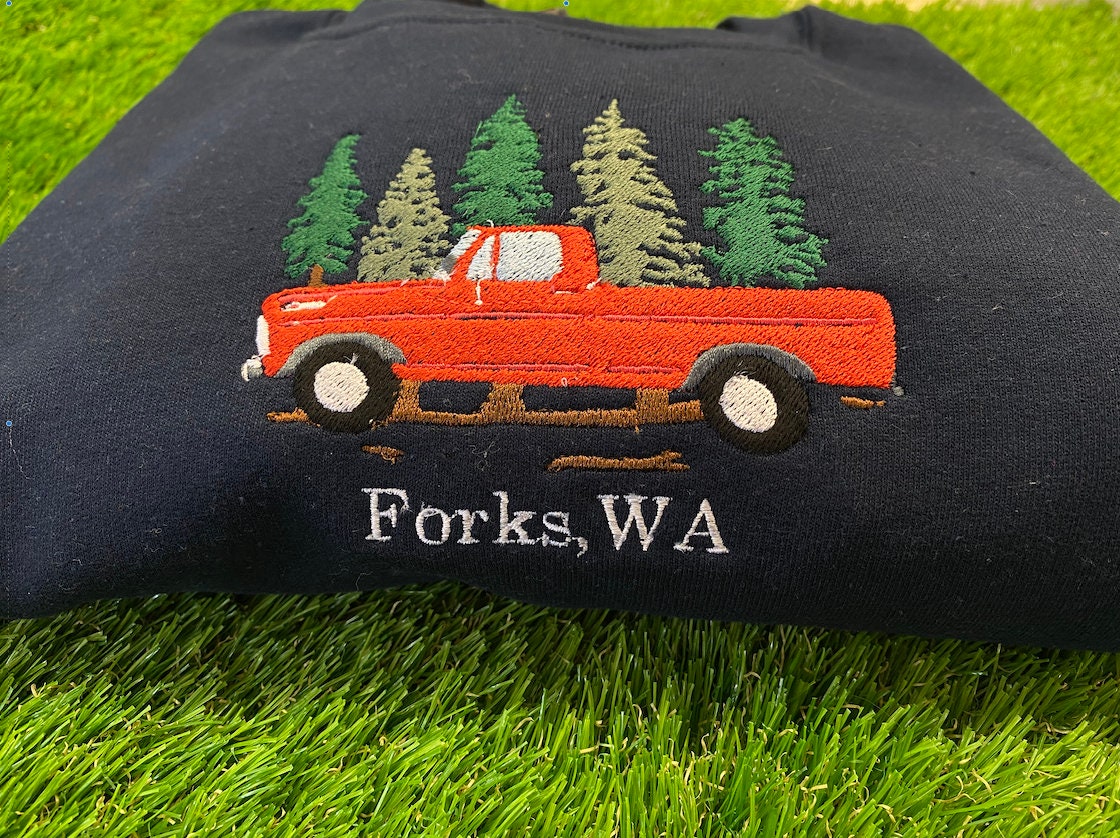 Forks Washington Red Truck Embroidered Crewneck Forks Washington Red Truck Embroidered Crewneck