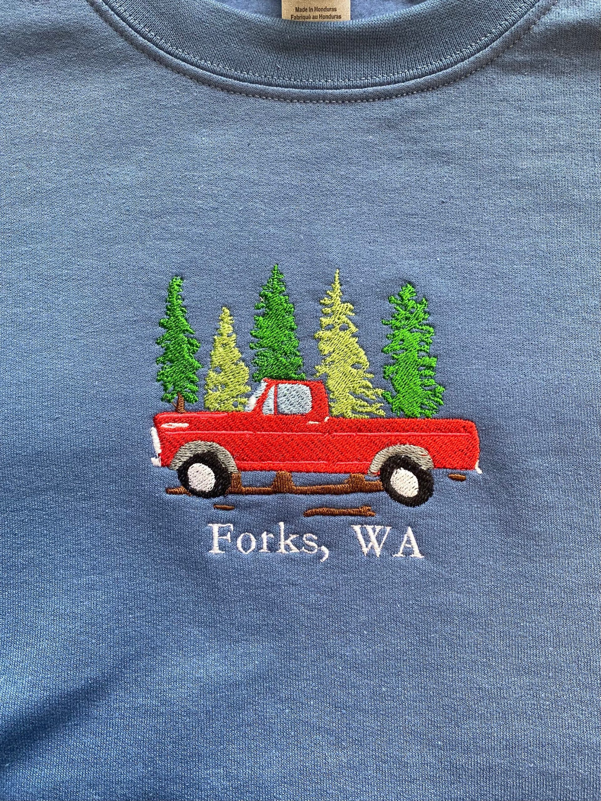 Forks Washington Red Truck Embroidered Crewneck Forks Washington Red Truck Embroidered Crewneck