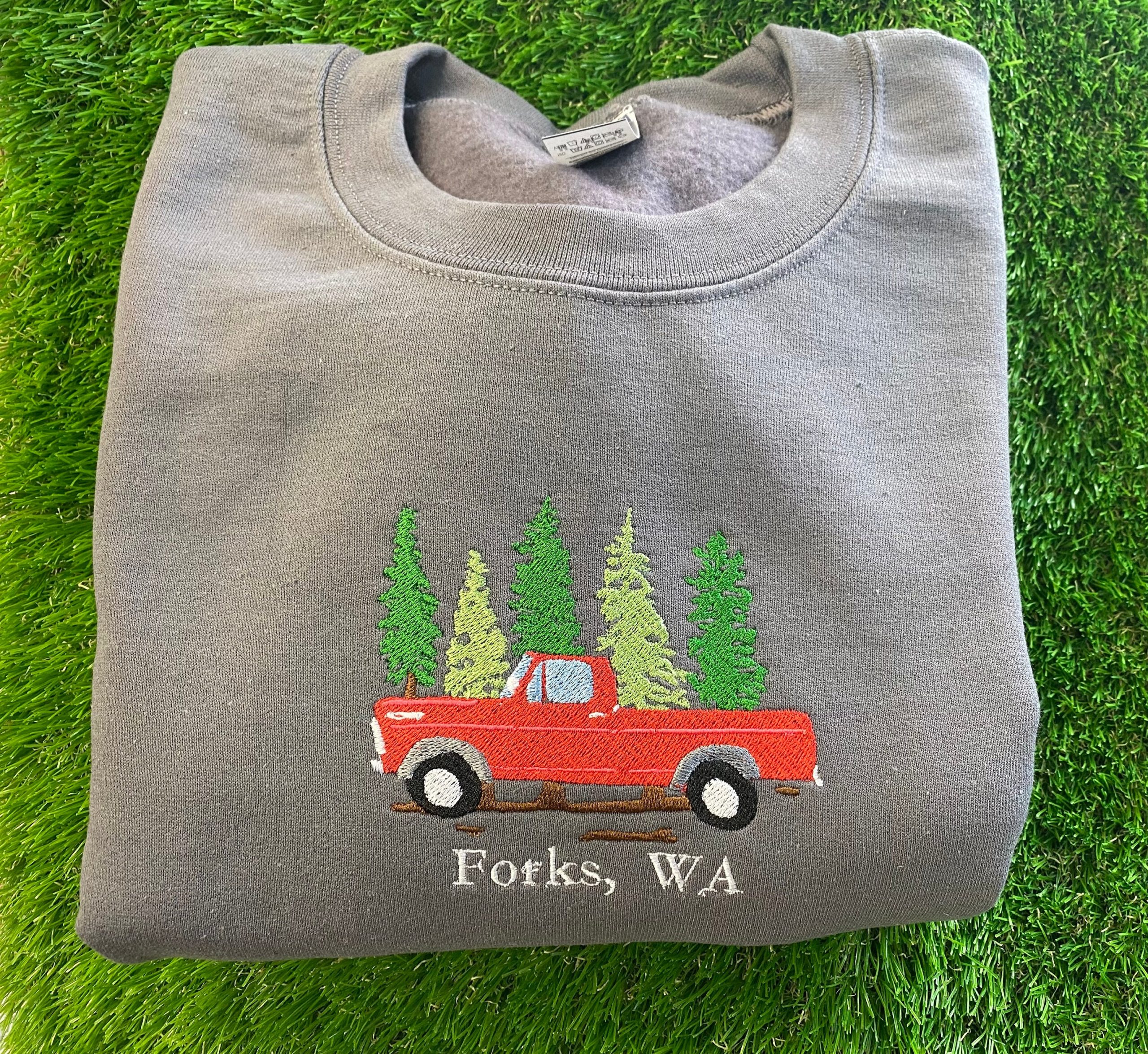 Forks Washington Red Truck Embroidered Crewneck Forks Washington Red Truck Embroidered Crewneck