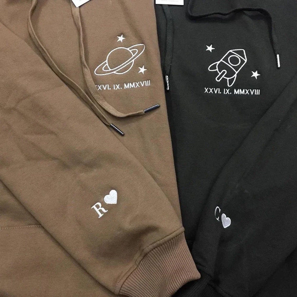 Rocket And Moon Embroidery Matching Couple Sweatshirt For Rocket And Moon Embroidery Matching Couple Sweatshirt For