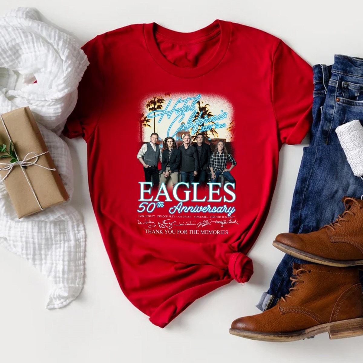 2021 Hotel California Eagles Band 50th Anniversary Signatures Thanks For The Memories T-Shirt 2021 Hotel California Eagles Band 50th Anniversary Signatures Thanks For The Memories T-Shirt