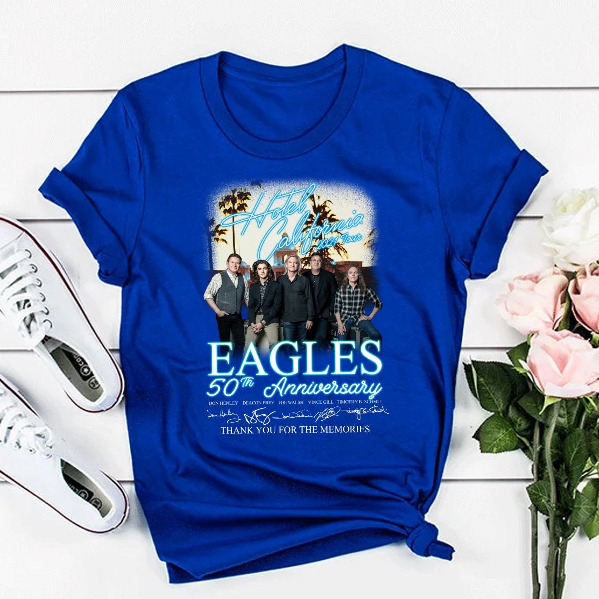 2021 Hotel California Eagles Band 50th Anniversary Signatures Thanks For The Memories T-Shirt 2021 Hotel California Eagles Band 50th Anniversary Signatures Thanks For The Memories T-Shirt