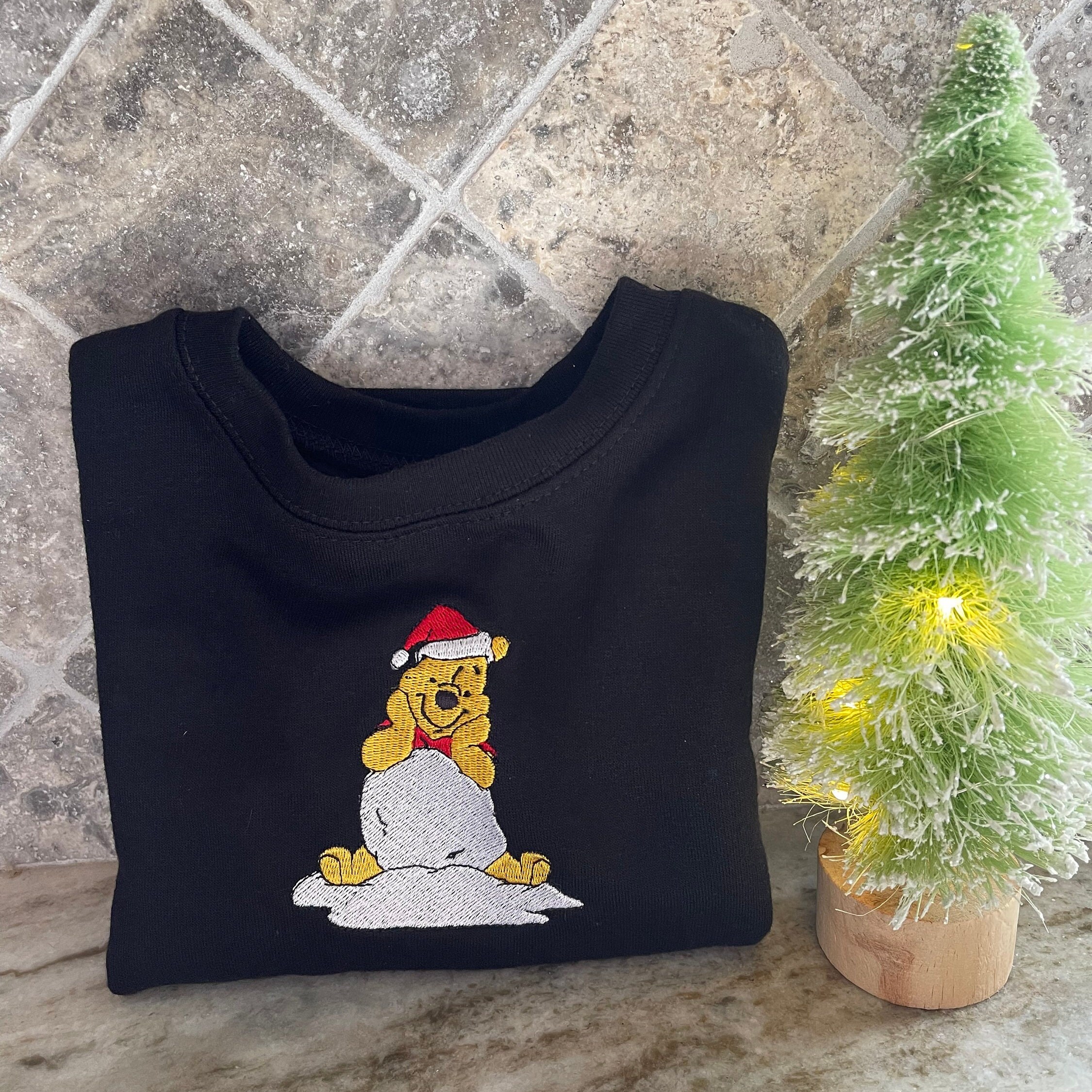 Embroidered Pooh Bear Inspired Christmas Holiday Crewneck Sweatshirt Embroidered Pooh Bear Inspired Christmas Holiday Crewneck Sweatshirt