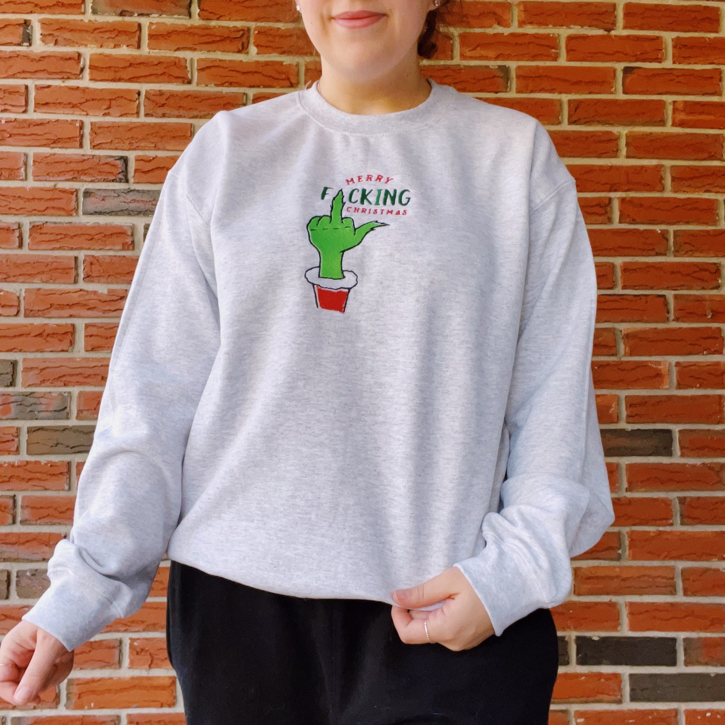 Inspired Grinch Merry Fucking Christmas Embroidered Sweatshirt Crewneck Inspired Grinch Merry Fucking Christmas Embroidered Sweatshirt Crewneck