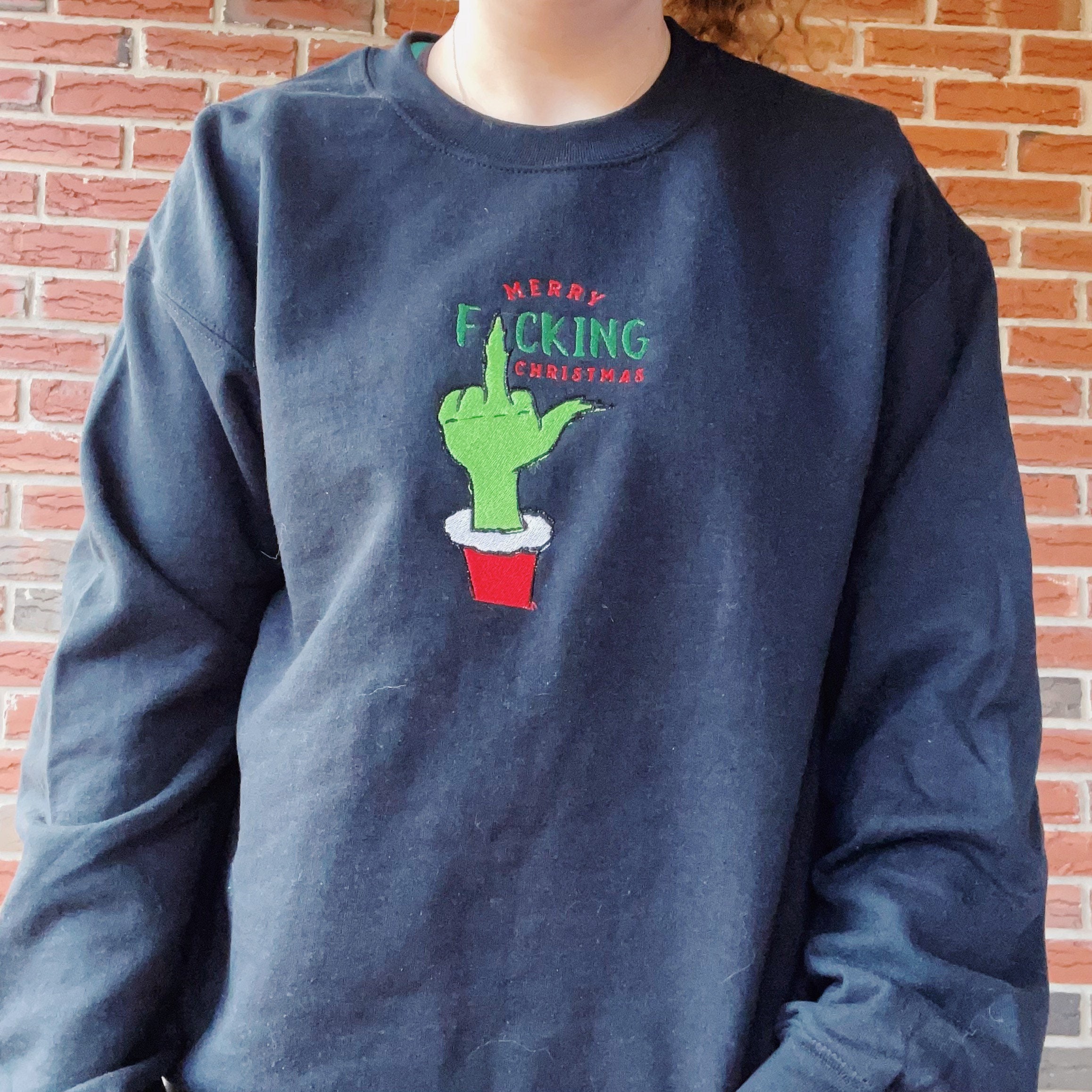 Inspired Grinch Merry Fucking Christmas Embroidered Sweatshirt Crewneck Inspired Grinch Merry Fucking Christmas Embroidered Sweatshirt Crewneck