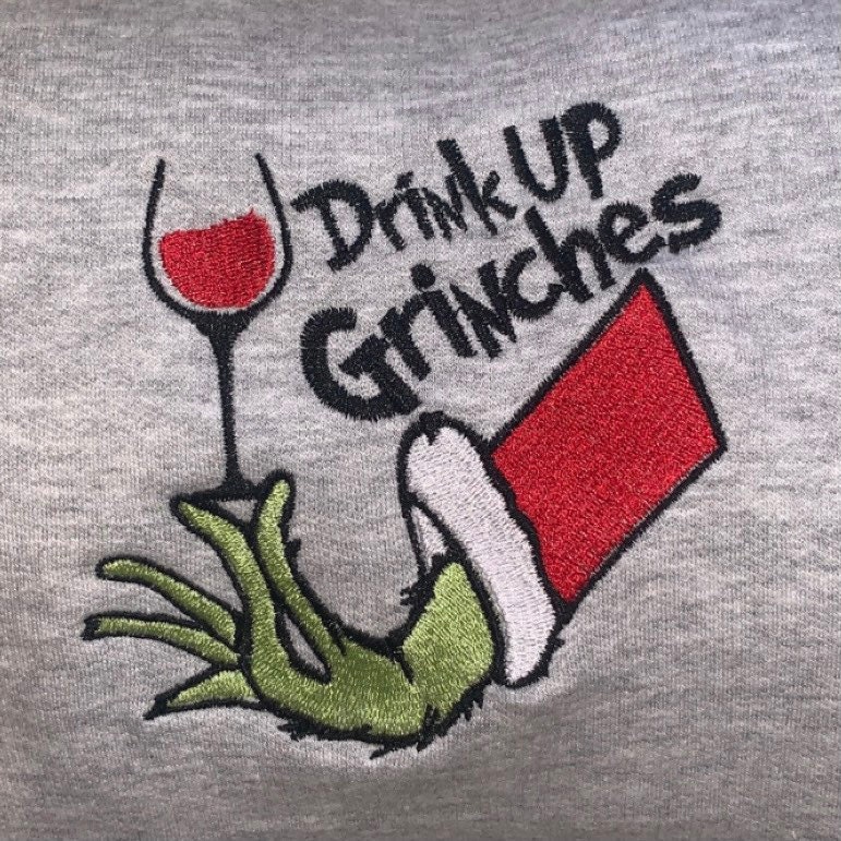 Drink Up Grinches Grey Christmas’s Embroider Sweatshirt Crewneck Drink Up Grinches Grey Christmas’s Embroider Sweatshirt Crewneck